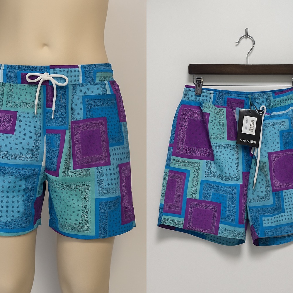 Boohoo Mens Purple and Blue Patterned Swim Trunks